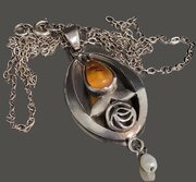 Kit Heath Silver & Amber & Pearl Rose Pendant.