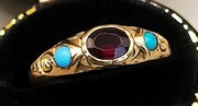 Victorian 9ct Gold Garnet & Turquoise Ring. Size L