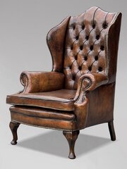 19th C Brown Leather Wing Back Armchair