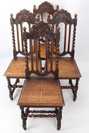 Set 4 Victorian Gothic Revival Oak Dining Chairs