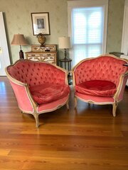 Elegant Pair Of French Coral Velvet Fauteuils