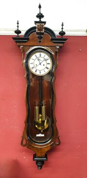 Superb Victorian Black & Walnut Vienna Wall Clock.