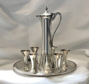 wmf art nouveau liqueur decanter tray six cups WMF Art Nouveau Liqueur Decanter Tray six cups