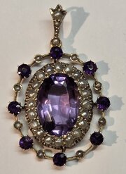 9ct Gold Edwardian Amethyst & Seed Pearl Pendant 