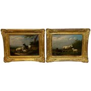 Pair Oil Paintings Sheep Livestock Pastoral