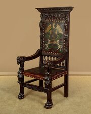 Carved Oak  Painted Leather Throne Chair c1910