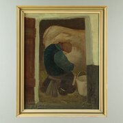 MidCentury Farmyard Scene Oil Painting Dated 1959