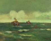 Oil Painting Of Shrimp Fishing On Horseback C.1970