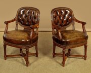 Pair Of Walnut & Leather Armchairs C.1910