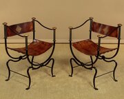 Pair Of Wrought Iron & Leather Armchairs