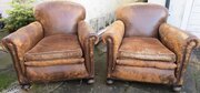 Art Deco Pair Leather Club Armchairs.