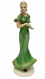 Art Deco Tall Ceramic Green Dress Lady, C1930