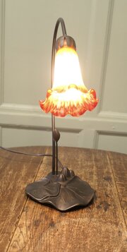 French Bronze Lilly Pad Table Lamp, Glass Shade