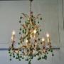 French Emerald Green and Gold 6 Arm Chandelier