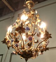French Tolewear Gilt And Ceramic Flower Chandelier