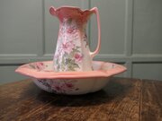 Ironstone Pitcher And Bowl Hand Painted, Pink Rose