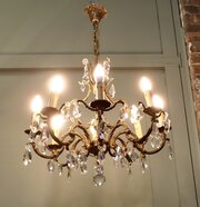 Large French Brass Chandelier, Hung With Crystal 