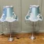 Pair of Tall Chrome Bedside Lamps, Beaded Embroidered Shades
