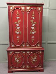 Tall Red Lacquer Cabinet With Interior Drawers  