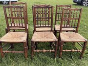 Set Of 6 Antique Country Chairs With Rush Seats