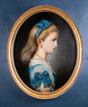 19th Century Oval Portrait Of A Girl In Blue. Oil On Canvas.