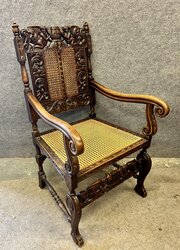 Antique Carved Oak Carolean Style Arm Chair