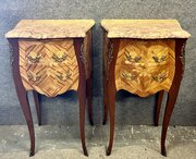 Pair Inlaid Marquetry, Marble Topped Bedside Table