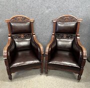 Pair Of Antique Walnut & Leather Armchairs