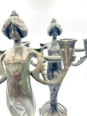 Art Nouveau Bronze Figural Maiden Candle Holders