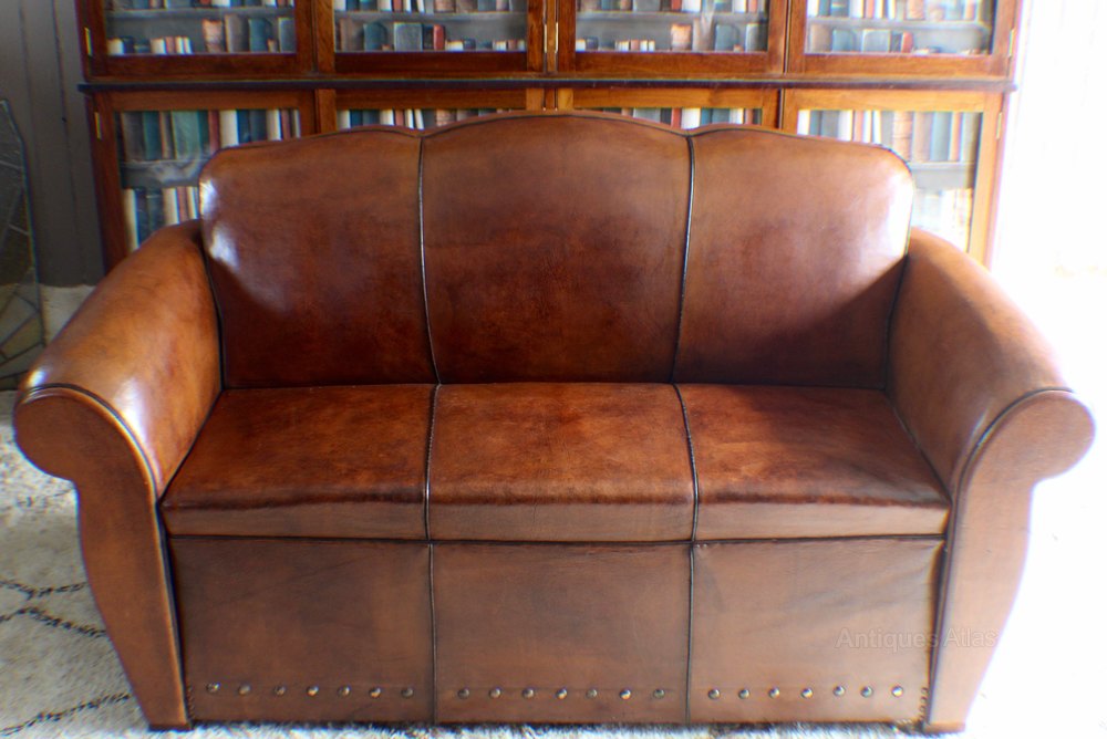 Art Deco French Leather Moustache Back Sofa Bed Antiques