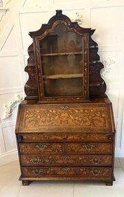 Antique Dutch Marquetry Walnut Bureau Bookcase 