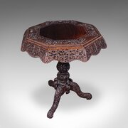 Antique Carved Tea Table, Burmese, Teak, Octagonal