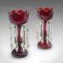 Pair Of Antique Cranberry Lustres, English, Glass