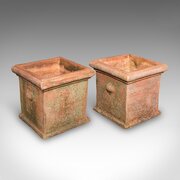Pair, Vintage Square Planters, English, Terracotta
