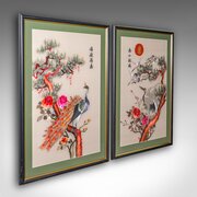 Tall Pair Of Vintage Bird Embroideries, Oriental