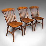 Trio Of Antique Station Chairs, English Elm, Seat