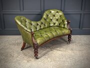Victorian Green Leather Double Spoon-Back Sofa