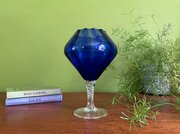 1970s Vintage Cobalt Blue Art Glass Stemmed Vase