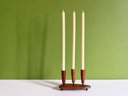 Mid Century Teak & Brass Trio Candlestick Holder 