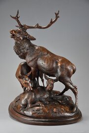 19thc Finely Carved Black Forest Carved Deer Group