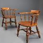 Pair of mid 19thc birch smokers bow Windsor chairs