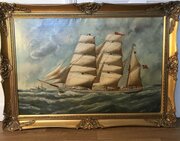 19th Oil Painting Norwegian Schooner Sailing Ship 