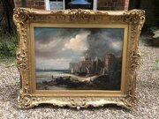 Dutch 19th Marine Seascape Castle Oil Painting 