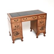 Antique Burr Walnut Leather Top Pedestal Desk
