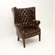 Antique Leather Barrel Back Wing Armchair