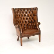 Antique Leather Barrel Back Wing Armchair