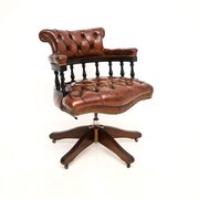 Antique Leather And Mahogany Swivel Captains Chair