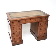 Antique Victorian Walnut Leather Top Pedestal Desk