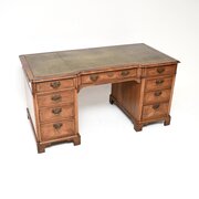 Large Antique Walnut Leather Top Pedestal Desk