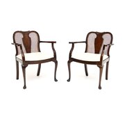 Pair Of Antique Edwardian Walnut Cane Armchairs